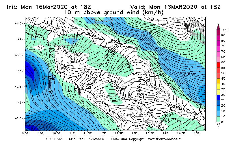 Mappa di analisi GFS - Velocità del vento a 10 metri dal suolo [km/h] in Centro-Italia
							del 16/03/2020 18 <!--googleoff: index-->UTC<!--googleon: index-->