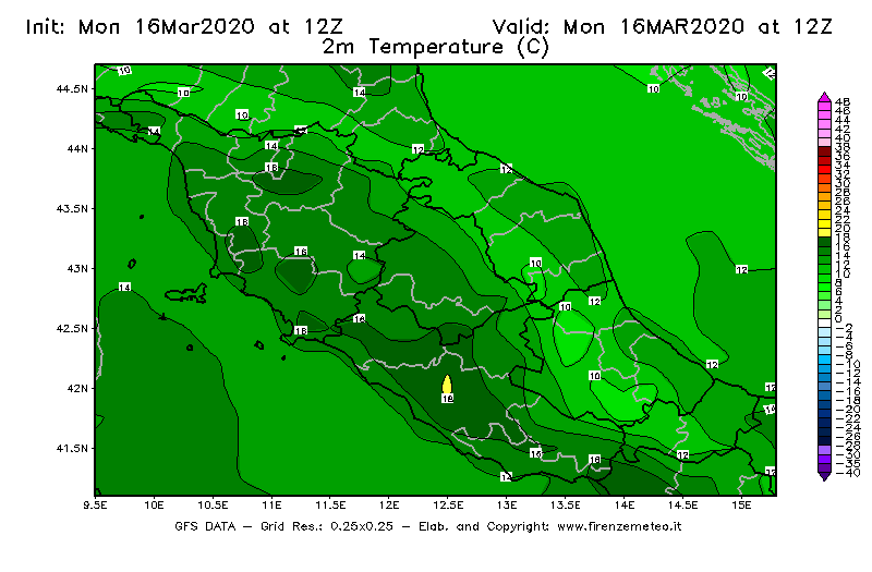 Mappa di analisi GFS - Temperatura a 2 metri dal suolo [°C] in Centro-Italia
							del 16/03/2020 12 <!--googleoff: index-->UTC<!--googleon: index-->