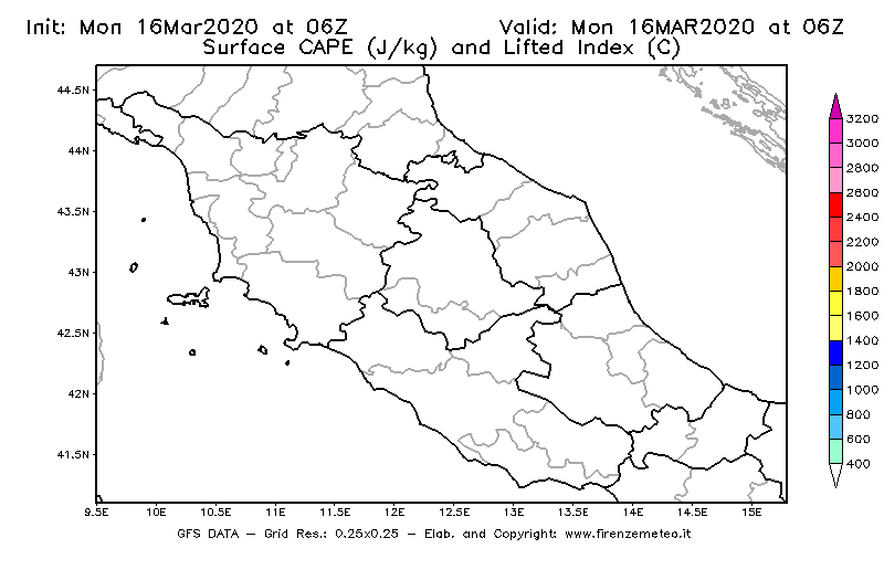 Mappa di analisi GFS - CAPE [J/kg] e Lifted Index [°C] in Centro-Italia
									del 16/03/2020 06 <!--googleoff: index-->UTC<!--googleon: index-->