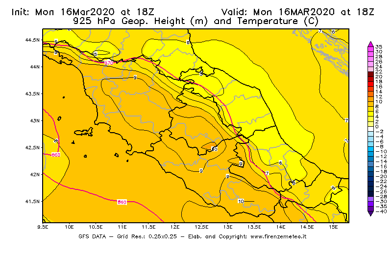Mappa di analisi GFS - Geopotenziale [m] e Temperatura [°C] a 925 hPa in Centro-Italia
							del 16/03/2020 18 <!--googleoff: index-->UTC<!--googleon: index-->