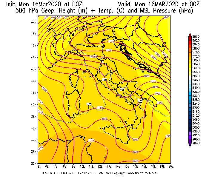 Mappa di analisi GFS - Geopotenziale [m] + Temp. [°C] a 500 hPa + Press. a livello del mare [hPa] in Italia
									del 16/03/2020 00 <!--googleoff: index-->UTC<!--googleon: index-->