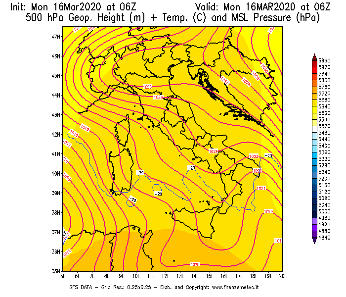 Mappa di analisi GFS - Geopotenziale [m] + Temp. [°C] a 500 hPa + Press. a livello del mare [hPa] in Italia
							del 16/03/2020 06 <!--googleoff: index-->UTC<!--googleon: index-->