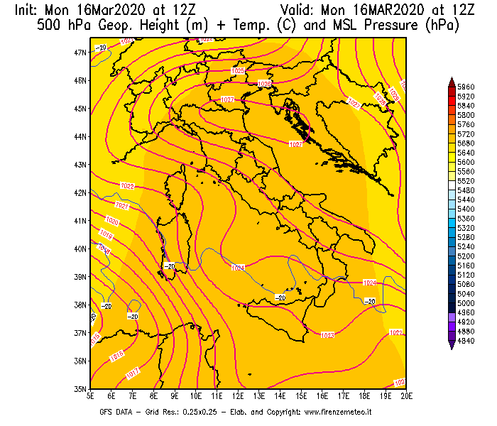 Mappa di analisi GFS - Geopotenziale [m] + Temp. [°C] a 500 hPa + Press. a livello del mare [hPa] in Italia
							del 16/03/2020 12 <!--googleoff: index-->UTC<!--googleon: index-->