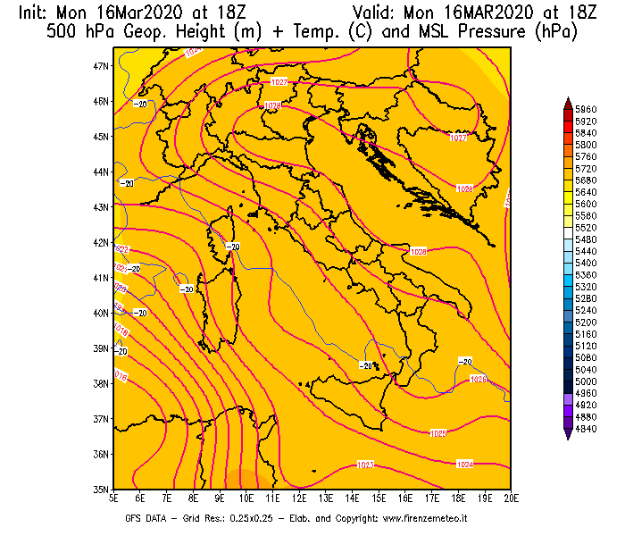 Mappa di analisi GFS - Geopotenziale [m] + Temp. [°C] a 500 hPa + Press. a livello del mare [hPa] in Italia
									del 16/03/2020 18 <!--googleoff: index-->UTC<!--googleon: index-->