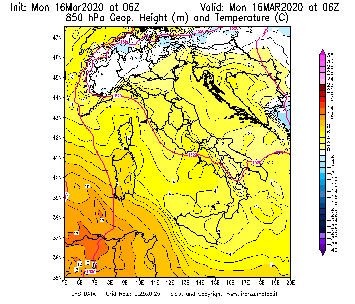 Mappa di analisi GFS - Geopotenziale [m] e Temperatura [°C] a 850 hPa in Italia
							del 16/03/2020 06 <!--googleoff: index-->UTC<!--googleon: index-->