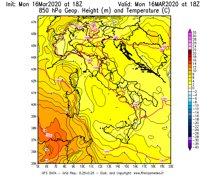 Mappa di analisi GFS - Geopotenziale [m] e Temperatura [°C] a 850 hPa in Italia
									del 16/03/2020 18 <!--googleoff: index-->UTC<!--googleon: index-->
