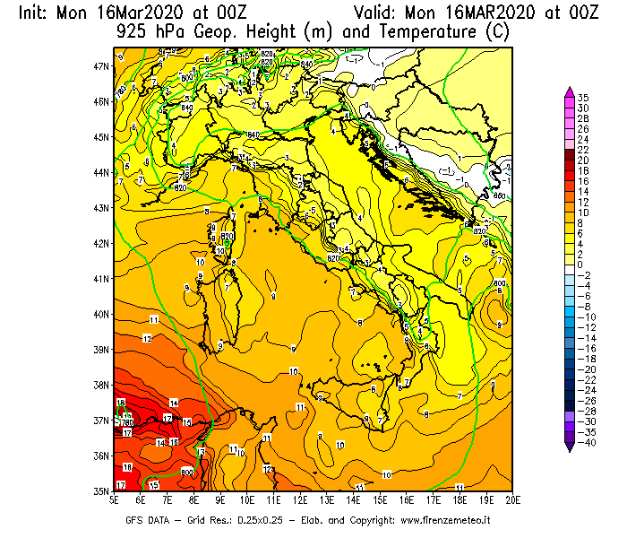 Mappa di analisi GFS - Geopotenziale [m] e Temperatura [°C] a 925 hPa in Italia
									del 16/03/2020 00 <!--googleoff: index-->UTC<!--googleon: index-->