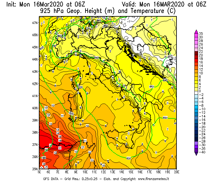 Mappa di analisi GFS - Geopotenziale [m] e Temperatura [°C] a 925 hPa in Italia
									del 16/03/2020 06 <!--googleoff: index-->UTC<!--googleon: index-->