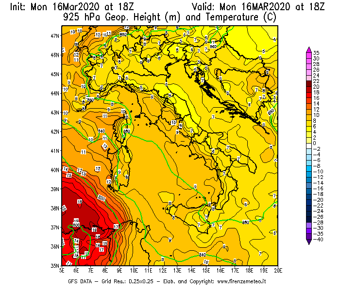 Mappa di analisi GFS - Geopotenziale [m] e Temperatura [°C] a 925 hPa in Italia
									del 16/03/2020 18 <!--googleoff: index-->UTC<!--googleon: index-->