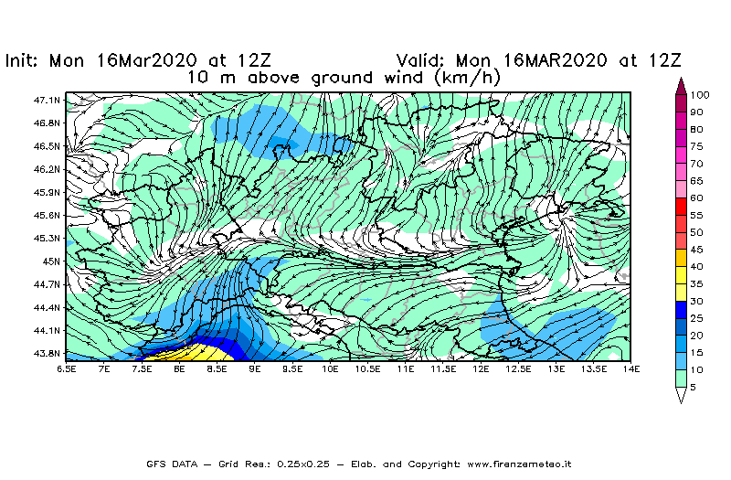 Mappa di analisi GFS - Velocità del vento a 10 metri dal suolo [km/h] in Nord-Italia
							del 16/03/2020 12 <!--googleoff: index-->UTC<!--googleon: index-->