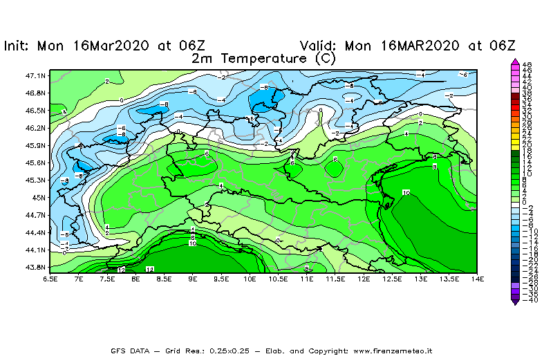 Mappa di analisi GFS - Temperatura a 2 metri dal suolo [°C] in Nord-Italia
							del 16/03/2020 06 <!--googleoff: index-->UTC<!--googleon: index-->