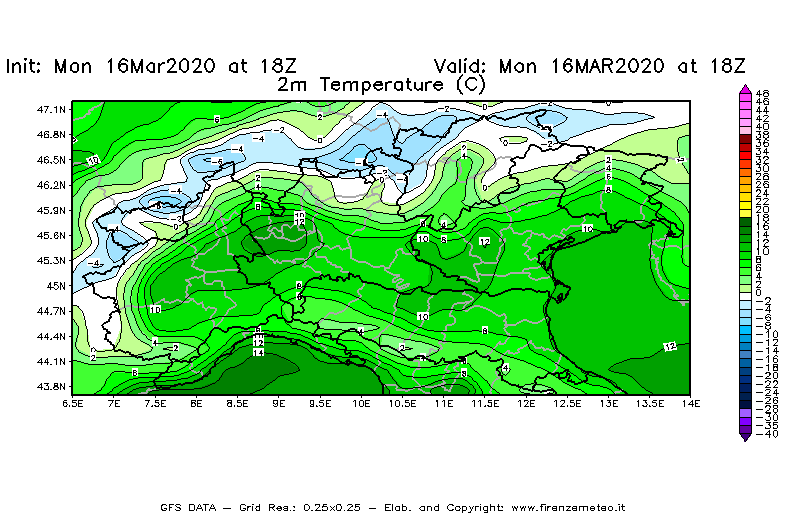 Mappa di analisi GFS - Temperatura a 2 metri dal suolo [°C] in Nord-Italia
									del 16/03/2020 18 <!--googleoff: index-->UTC<!--googleon: index-->