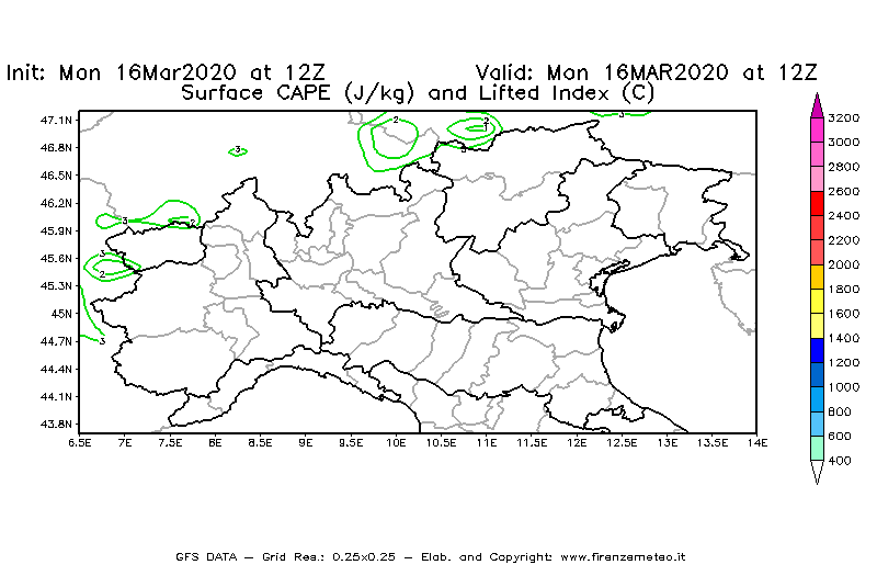 Mappa di analisi GFS - CAPE [J/kg] e Lifted Index [°C] in Nord-Italia
									del 16/03/2020 12 <!--googleoff: index-->UTC<!--googleon: index-->