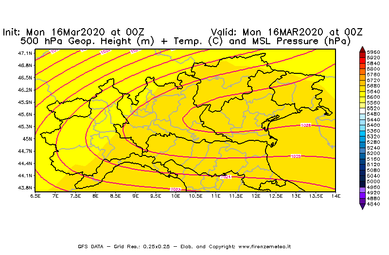 Mappa di analisi GFS - Geopotenziale [m] + Temp. [°C] a 500 hPa + Press. a livello del mare [hPa] in Nord-Italia
									del 16/03/2020 00 <!--googleoff: index-->UTC<!--googleon: index-->