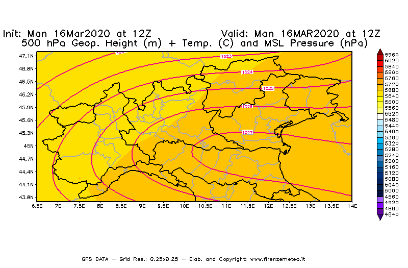 Mappa di analisi GFS - Geopotenziale [m] + Temp. [°C] a 500 hPa + Press. a livello del mare [hPa] in Nord-Italia
									del 16/03/2020 12 <!--googleoff: index-->UTC<!--googleon: index-->