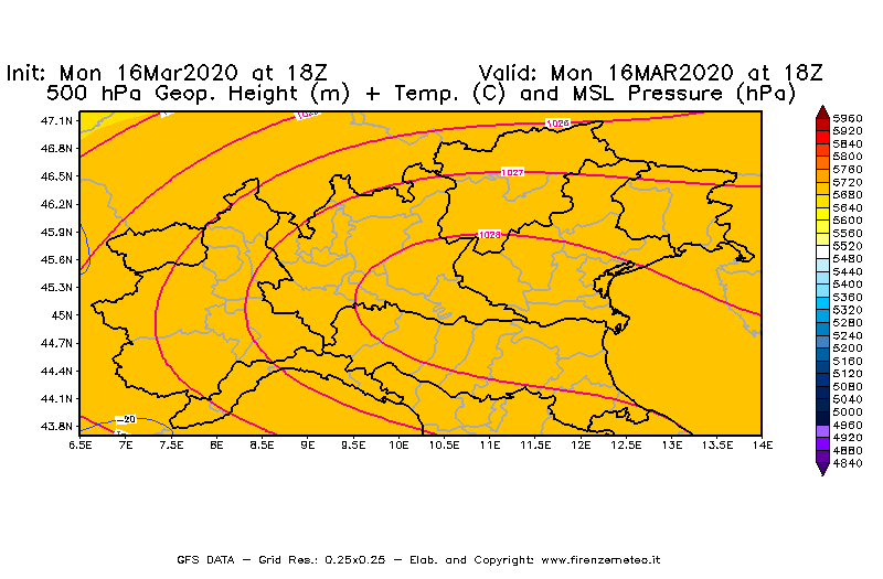 Mappa di analisi GFS - Geopotenziale [m] + Temp. [°C] a 500 hPa + Press. a livello del mare [hPa] in Nord-Italia
									del 16/03/2020 18 <!--googleoff: index-->UTC<!--googleon: index-->