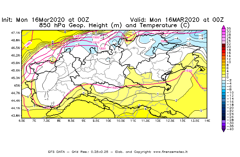Mappa di analisi GFS - Geopotenziale [m] e Temperatura [°C] a 850 hPa in Nord-Italia
									del 16/03/2020 00 <!--googleoff: index-->UTC<!--googleon: index-->