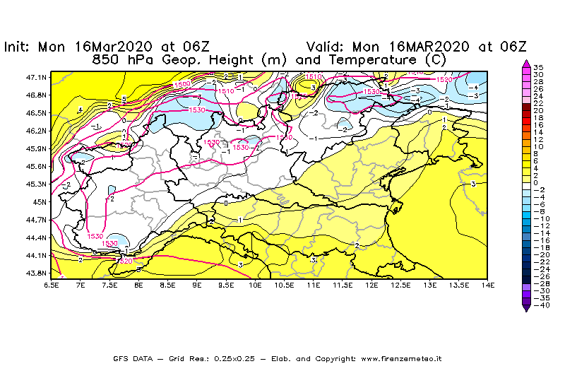 Mappa di analisi GFS - Geopotenziale [m] e Temperatura [°C] a 850 hPa in Nord-Italia
							del 16/03/2020 06 <!--googleoff: index-->UTC<!--googleon: index-->
