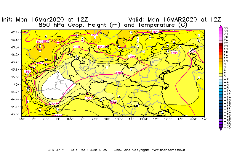 Mappa di analisi GFS - Geopotenziale [m] e Temperatura [°C] a 850 hPa in Nord-Italia
							del 16/03/2020 12 <!--googleoff: index-->UTC<!--googleon: index-->