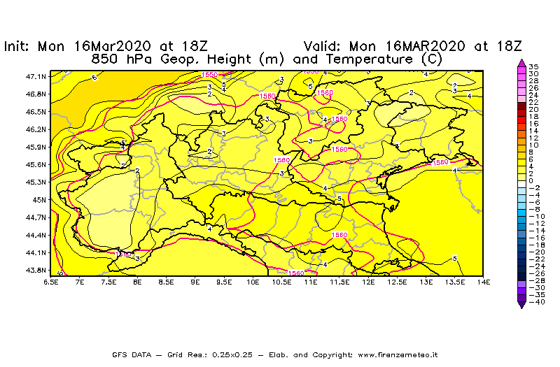 Mappa di analisi GFS - Geopotenziale [m] e Temperatura [°C] a 850 hPa in Nord-Italia
									del 16/03/2020 18 <!--googleoff: index-->UTC<!--googleon: index-->