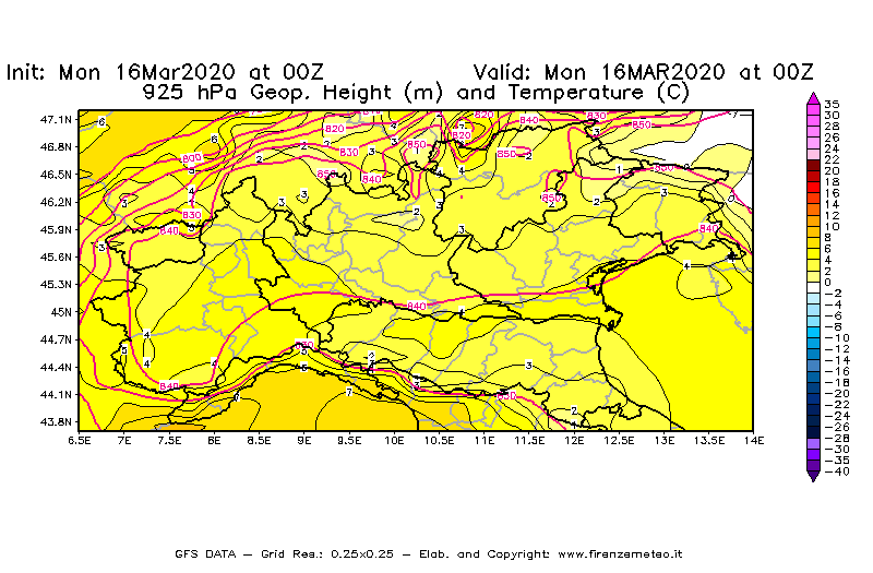 Mappa di analisi GFS - Geopotenziale [m] e Temperatura [°C] a 925 hPa in Nord-Italia
							del 16/03/2020 00 <!--googleoff: index-->UTC<!--googleon: index-->