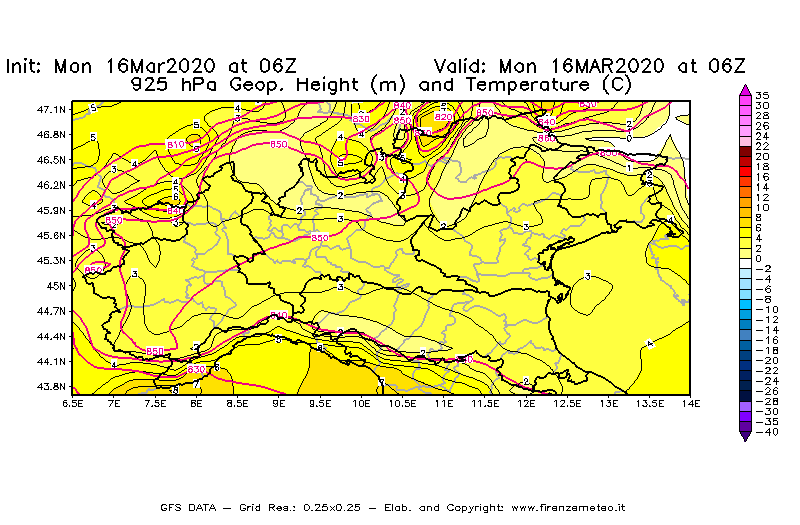 Mappa di analisi GFS - Geopotenziale [m] e Temperatura [°C] a 925 hPa in Nord-Italia
							del 16/03/2020 06 <!--googleoff: index-->UTC<!--googleon: index-->