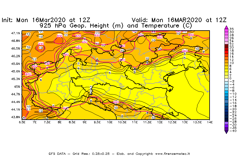 Mappa di analisi GFS - Geopotenziale [m] e Temperatura [°C] a 925 hPa in Nord-Italia
							del 16/03/2020 12 <!--googleoff: index-->UTC<!--googleon: index-->