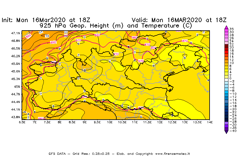 Mappa di analisi GFS - Geopotenziale [m] e Temperatura [°C] a 925 hPa in Nord-Italia
									del 16/03/2020 18 <!--googleoff: index-->UTC<!--googleon: index-->