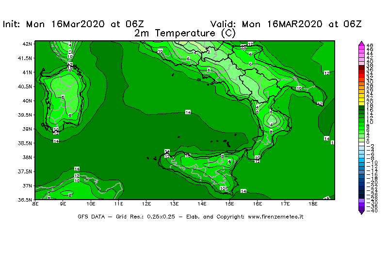 Mappa di analisi GFS - Temperatura a 2 metri dal suolo [°C] in Sud-Italia
									del 16/03/2020 06 <!--googleoff: index-->UTC<!--googleon: index-->