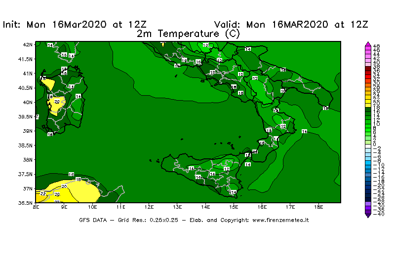 Mappa di analisi GFS - Temperatura a 2 metri dal suolo [°C] in Sud-Italia
									del 16/03/2020 12 <!--googleoff: index-->UTC<!--googleon: index-->