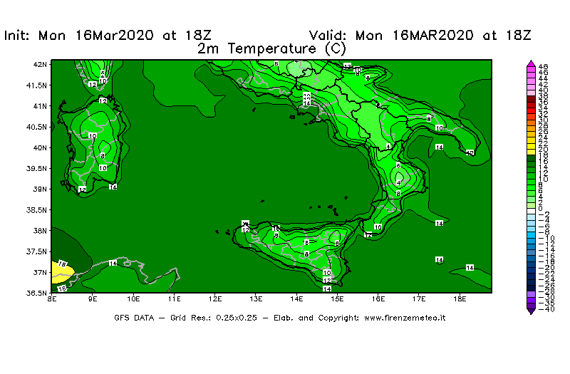 Mappa di analisi GFS - Temperatura a 2 metri dal suolo [°C] in Sud-Italia
									del 16/03/2020 18 <!--googleoff: index-->UTC<!--googleon: index-->