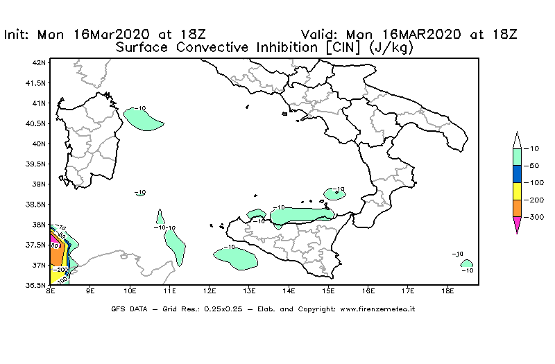Mappa di analisi GFS - CIN [J/kg] in Sud-Italia
							del 16/03/2020 18 <!--googleoff: index-->UTC<!--googleon: index-->