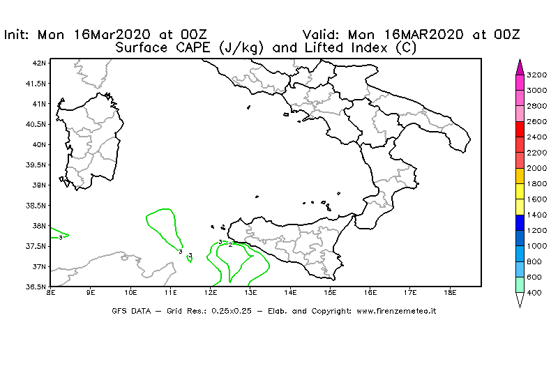 Mappa di analisi GFS - CAPE [J/kg] e Lifted Index [°C] in Sud-Italia
									del 16/03/2020 00 <!--googleoff: index-->UTC<!--googleon: index-->