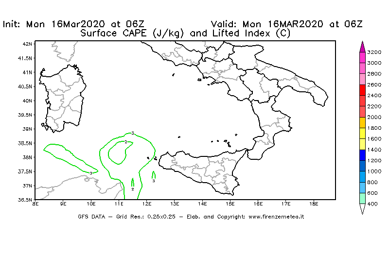 Mappa di analisi GFS - CAPE [J/kg] e Lifted Index [°C] in Sud-Italia
									del 16/03/2020 06 <!--googleoff: index-->UTC<!--googleon: index-->