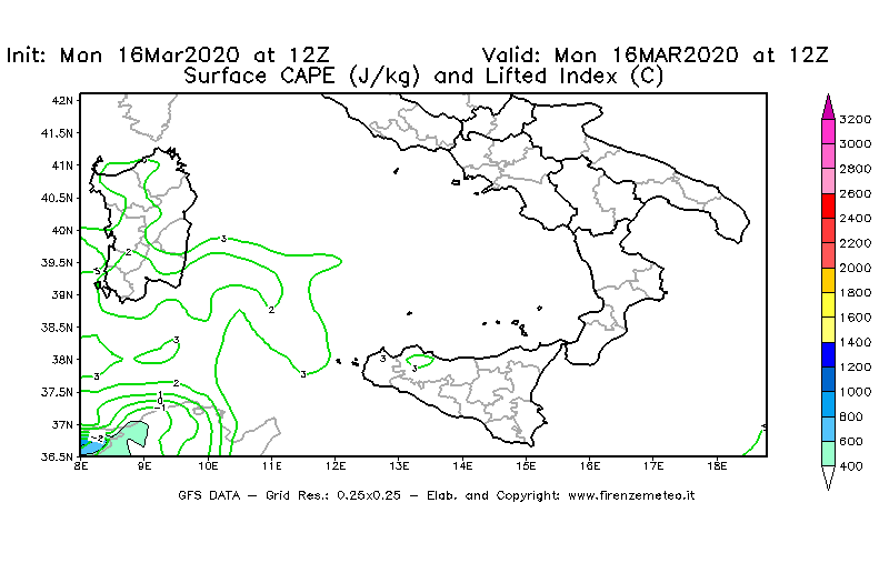 Mappa di analisi GFS - CAPE [J/kg] e Lifted Index [°C] in Sud-Italia
									del 16/03/2020 12 <!--googleoff: index-->UTC<!--googleon: index-->