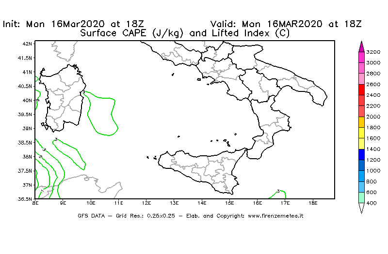 Mappa di analisi GFS - CAPE [J/kg] e Lifted Index [°C] in Sud-Italia
									del 16/03/2020 18 <!--googleoff: index-->UTC<!--googleon: index-->