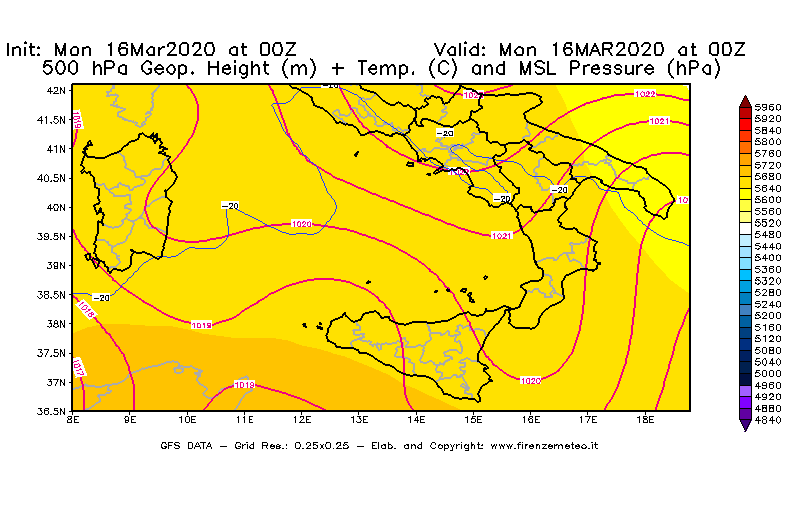 Mappa di analisi GFS - Geopotenziale [m] + Temp. [°C] a 500 hPa + Press. a livello del mare [hPa] in Sud-Italia
									del 16/03/2020 00 <!--googleoff: index-->UTC<!--googleon: index-->