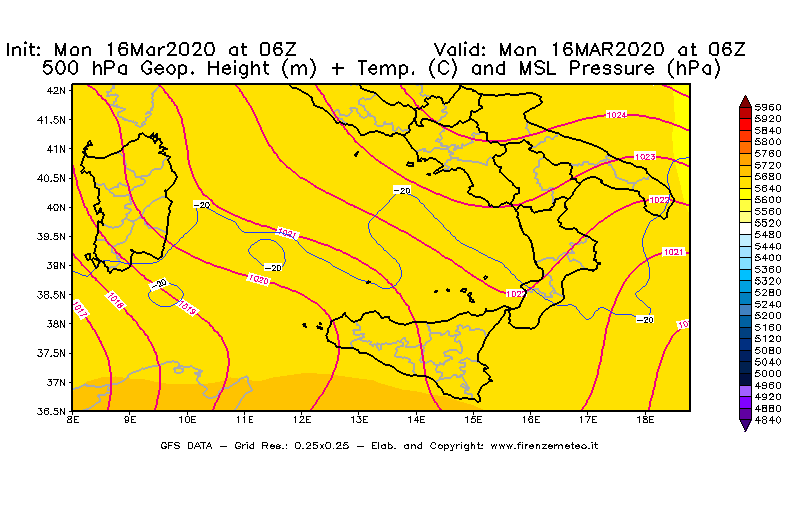 Mappa di analisi GFS - Geopotenziale [m] + Temp. [°C] a 500 hPa + Press. a livello del mare [hPa] in Sud-Italia
									del 16/03/2020 06 <!--googleoff: index-->UTC<!--googleon: index-->