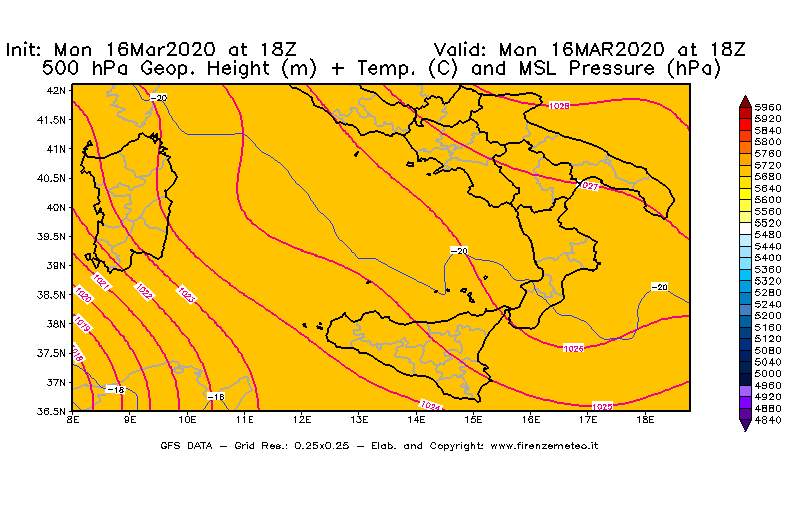 Mappa di analisi GFS - Geopotenziale [m] + Temp. [°C] a 500 hPa + Press. a livello del mare [hPa] in Sud-Italia
									del 16/03/2020 18 <!--googleoff: index-->UTC<!--googleon: index-->