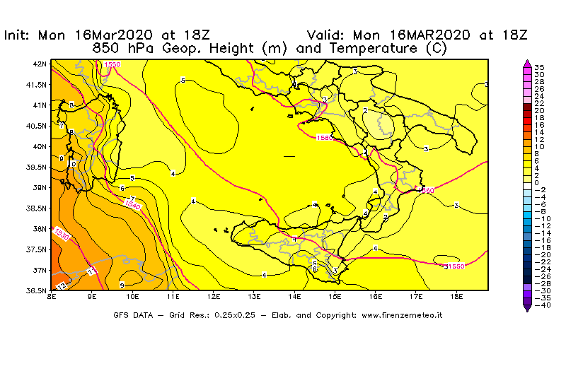 Mappa di analisi GFS - Geopotenziale [m] e Temperatura [°C] a 850 hPa in Sud-Italia
									del 16/03/2020 18 <!--googleoff: index-->UTC<!--googleon: index-->