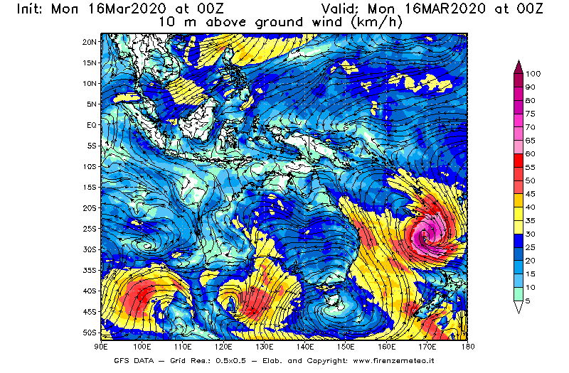 Mappa di analisi GFS - Velocità del vento a 10 metri dal suolo [km/h] in Oceania
							del 16/03/2020 00 <!--googleoff: index-->UTC<!--googleon: index-->