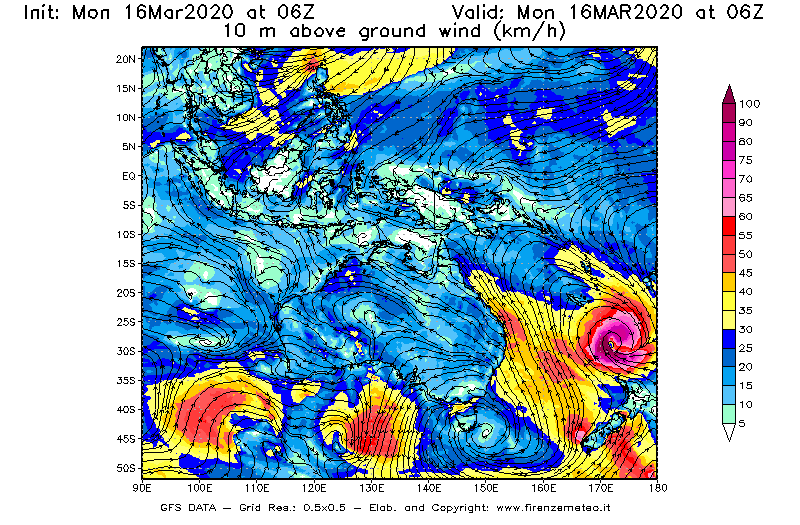 Mappa di analisi GFS - Velocità del vento a 10 metri dal suolo [km/h] in Oceania
									del 16/03/2020 06 <!--googleoff: index-->UTC<!--googleon: index-->