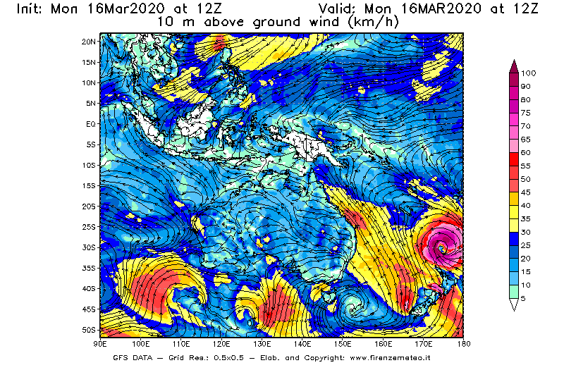 Mappa di analisi GFS - Velocità del vento a 10 metri dal suolo [km/h] in Oceania
							del 16/03/2020 12 <!--googleoff: index-->UTC<!--googleon: index-->