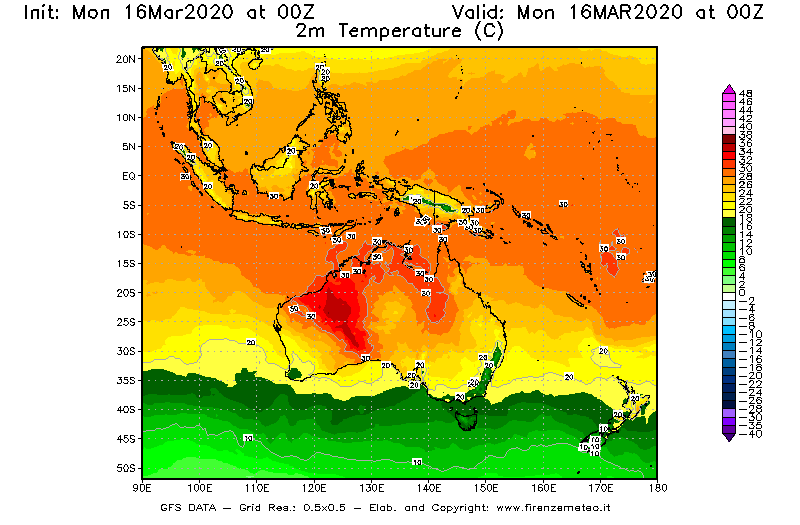 Mappa di analisi GFS - Temperatura a 2 metri dal suolo [°C] in Oceania
									del 16/03/2020 00 <!--googleoff: index-->UTC<!--googleon: index-->