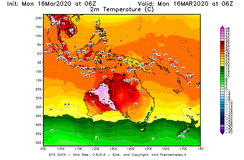 Mappa di analisi GFS - Temperatura a 2 metri dal suolo [°C] in Oceania
									del 16/03/2020 06 <!--googleoff: index-->UTC<!--googleon: index-->