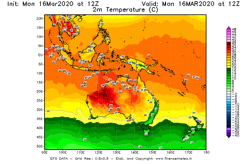 Mappa di analisi GFS - Temperatura a 2 metri dal suolo [°C] in Oceania
							del 16/03/2020 12 <!--googleoff: index-->UTC<!--googleon: index-->