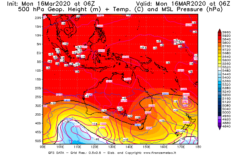 Mappa di analisi GFS - Geopotenziale [m] + Temp. [°C] a 500 hPa + Press. a livello del mare [hPa] in Oceania
							del 16/03/2020 06 <!--googleoff: index-->UTC<!--googleon: index-->