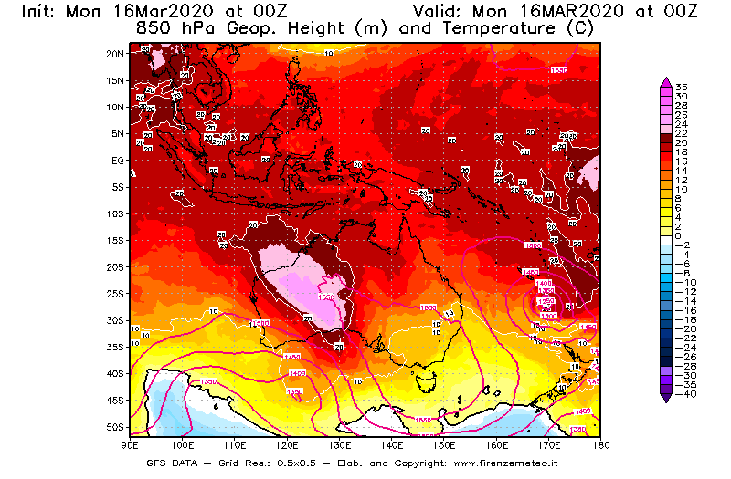 Mappa di analisi GFS - Geopotenziale [m] e Temperatura [°C] a 850 hPa in Oceania
									del 16/03/2020 00 <!--googleoff: index-->UTC<!--googleon: index-->