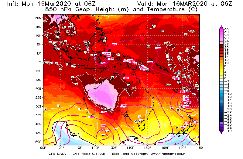 Mappa di analisi GFS - Geopotenziale [m] e Temperatura [°C] a 850 hPa in Oceania
							del 16/03/2020 06 <!--googleoff: index-->UTC<!--googleon: index-->