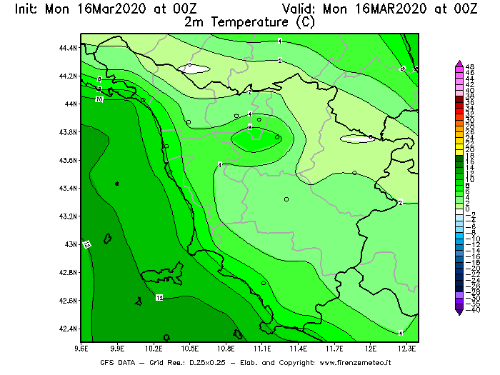 Mappa di analisi GFS - Temperatura a 2 metri dal suolo [°C] in Toscana
									del 16/03/2020 00 <!--googleoff: index-->UTC<!--googleon: index-->